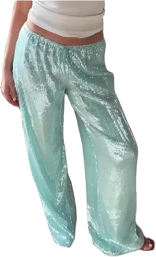 Sequin Pants for Women Low Rise Sparkly Glitter Wide Leg Disco Pants Party Dance Bottoms Wave Out... | Amazon (US)