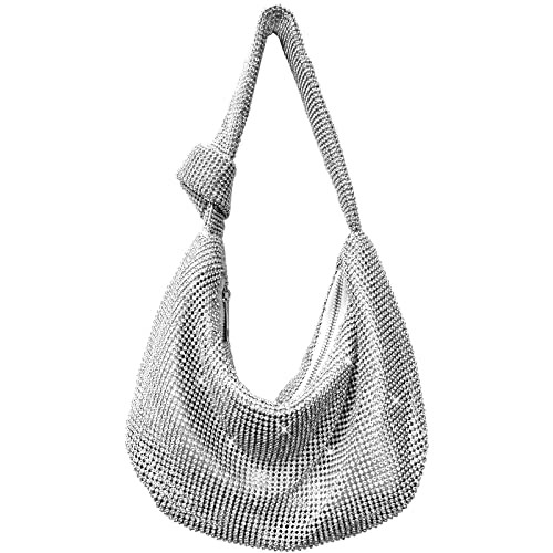 Rumdin Rhinestone Purse Top Handle Mesh Bag Hobo Bag for Women Silver Clutch Purses for Women Wedding Working Party | Amazon (US)