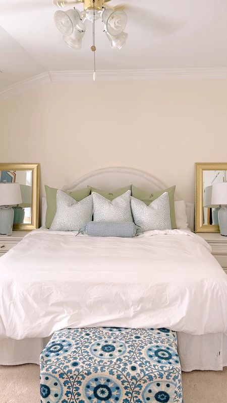 Good morning! 

Room details:
mirrors // homegoods
lamps // homegoods
green pillows // linked
light blue pillows // honey & hank
lumbar pillow // old target
headboard // linked
bedding // brooklinen percale
ottoman // custom, not linkable


#LTKhome #LTKfamily #LTKunder100