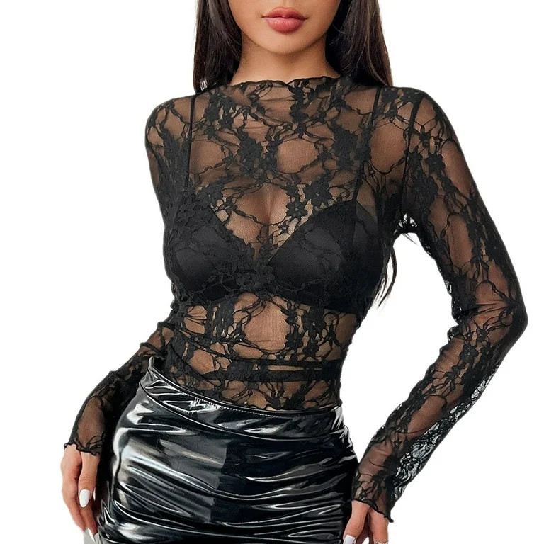 TODOZO Hot Sale!! Women's Mesh Top Long Sleeve Mock Neck Sheer Blouse See Through Floral Lace Top... | Walmart (US)