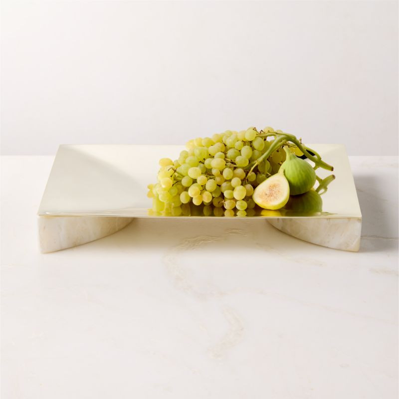 Akri Rectangular Champagne Gold Stainless Steel and Cream Onyx Serving Platter | CB2