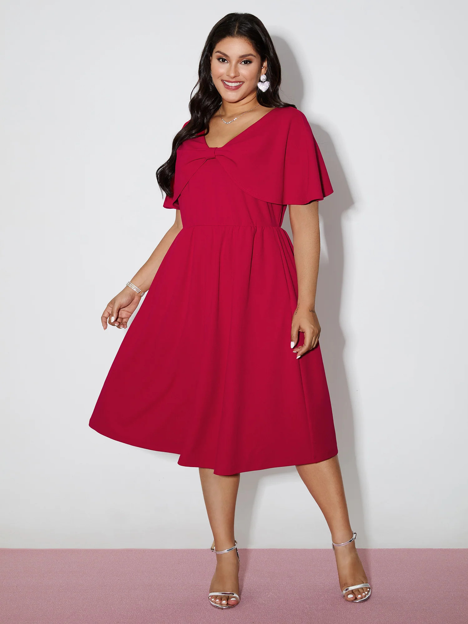 Bow Cape Detail Waist-Defining Midi Dress | Bloomchic