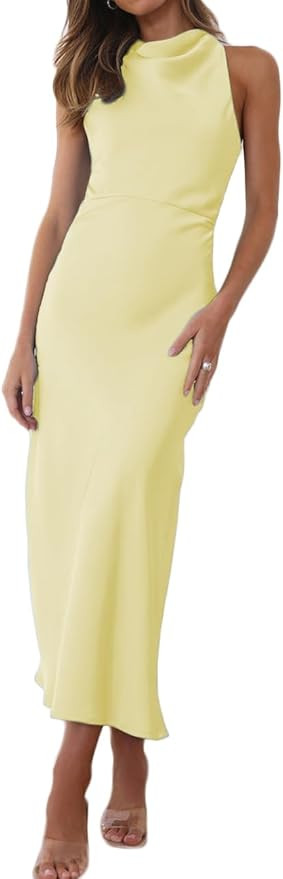 Halfisland Satin High Neck Backless Sleeveless Midi Dresses for Women Elegant Mock Neck High Wais... | Amazon (US)