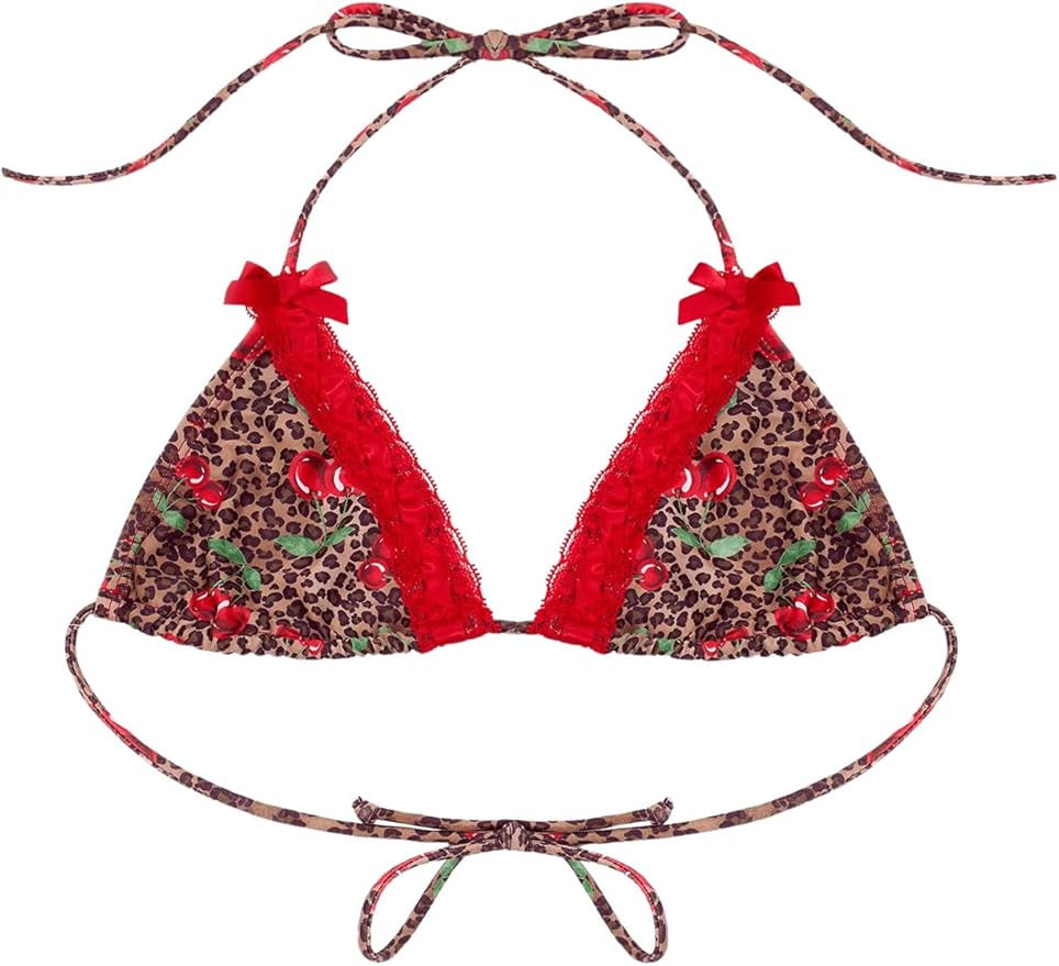 SOLY HUX Women's Leopard Print Halter Triangle Bikini Tops Lace Trim Cherry Print Bathing Suit Sw... | Amazon (US)