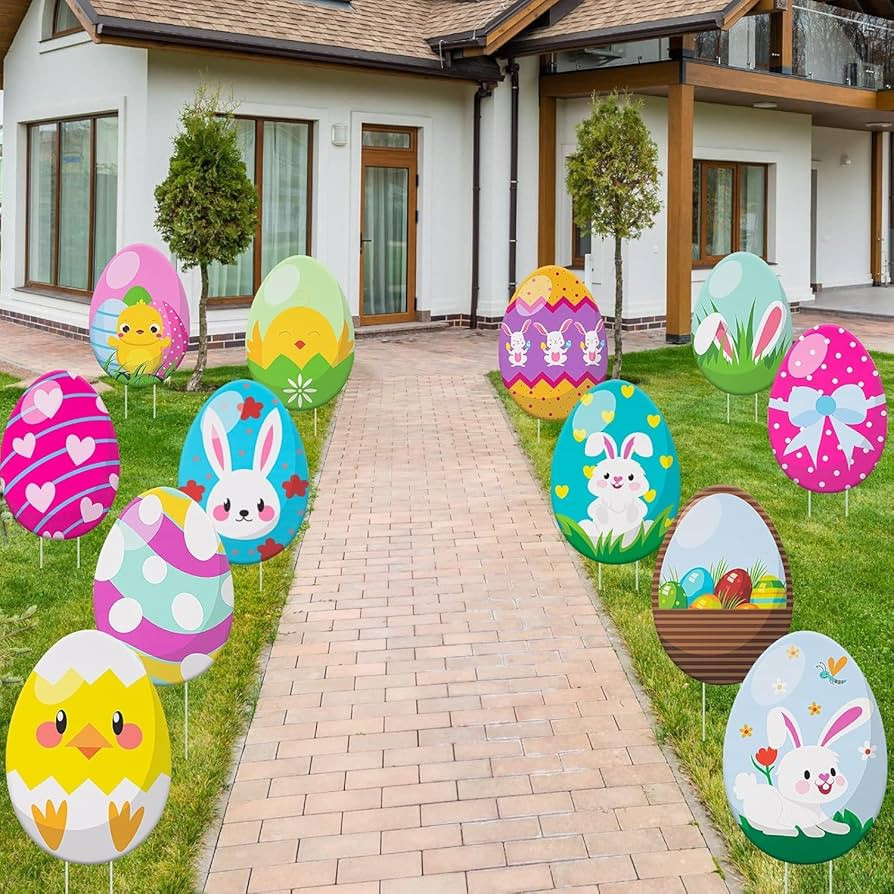 12 PCS Eggs Decorations Outdoor Easter Yard Signs Easter Yard Decorations with Stakes Bunny Egg E... | Amazon (US)