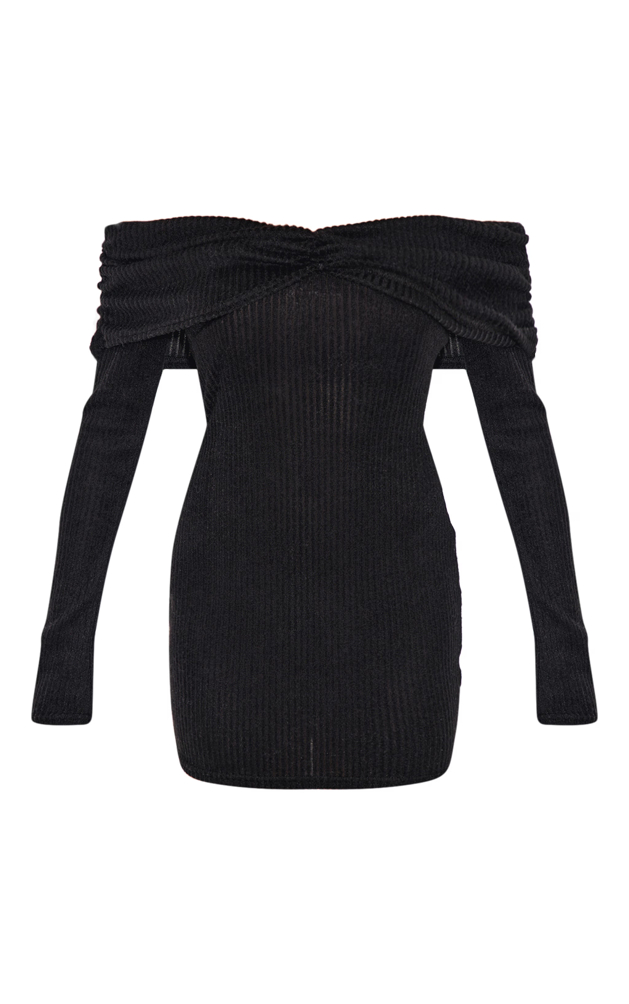 Black Brushed Rib Bardot Long Sleeve Bodycon Dress | PrettyLittleThing UK