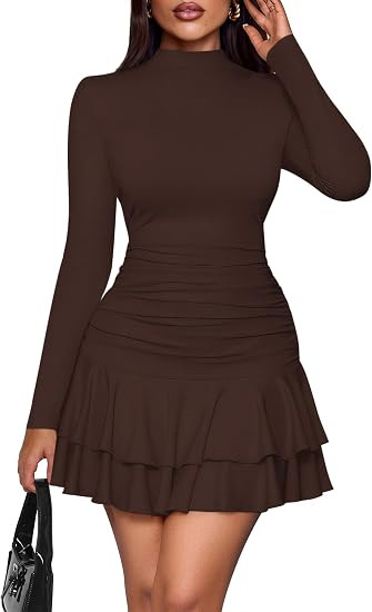 PRETTYGARDEN Women's Y2K Ruffle Layered Bodycon Mini Dress | Long Sleeve Mock Neck Ruched A-Line ... | Amazon (US)