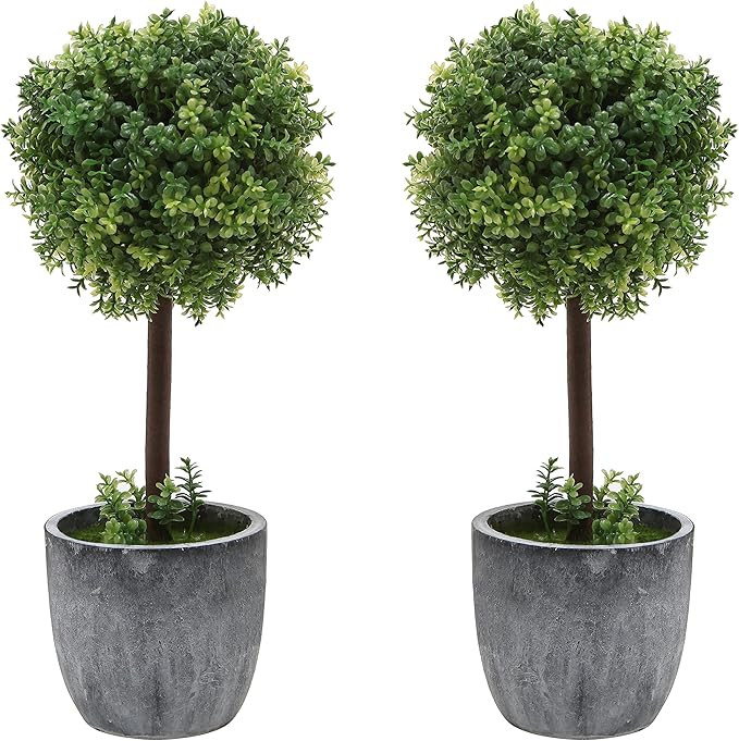 MyGift Set of 2 Small Realistic Artificial Boxwood Topiary Trees/Faux Tabletop Plants w/Gray Cera... | Amazon (US)