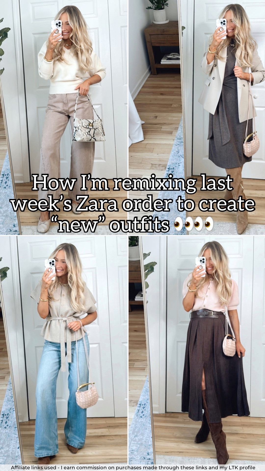 Restyling my latest Zara order using pieces I already have in my closet to create “new” outfits! Sizing info below⬇️:

Zara outfits 💫✨ Sizing info⬇️:
-Ivory v-neck sweater: medium
-Dusty pink barrel jeans: size 6
-Short sleeve knotted sweater dress: medium
-Taupe blazer: sold out now, linking alternative option below
-Short sleeve belted cardigan: medium
-Light wash wide leg jeans: size 6
-Pink cardigan sweater: small
-Brown midi skirt with slit: medium
