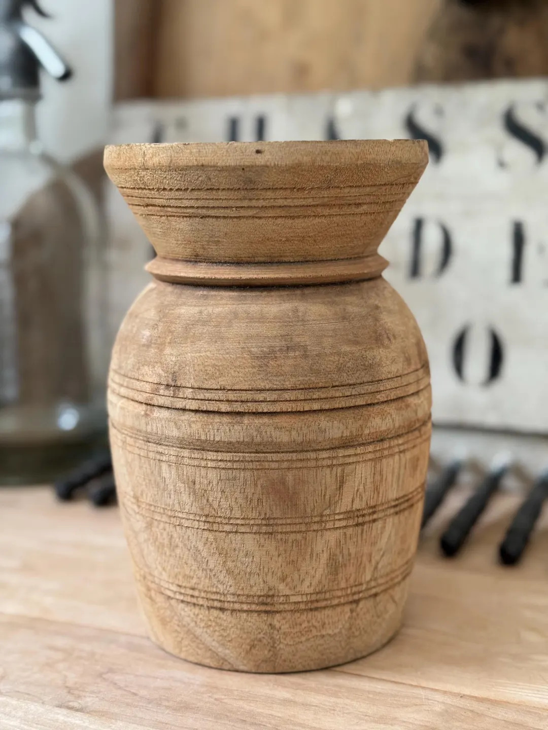 Vintage Wooden Vase Rustic Light Wood Pot With Flared Top and Grooves Farmhouse Decor 8 Inches Ta... | Etsy (US)