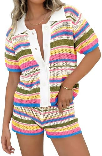 Tankaneo Womens 2 Piece Sweater Shorts Sets Knit Color Block Summer Outfits Short Sleeve Tops Cov... | Amazon (US)