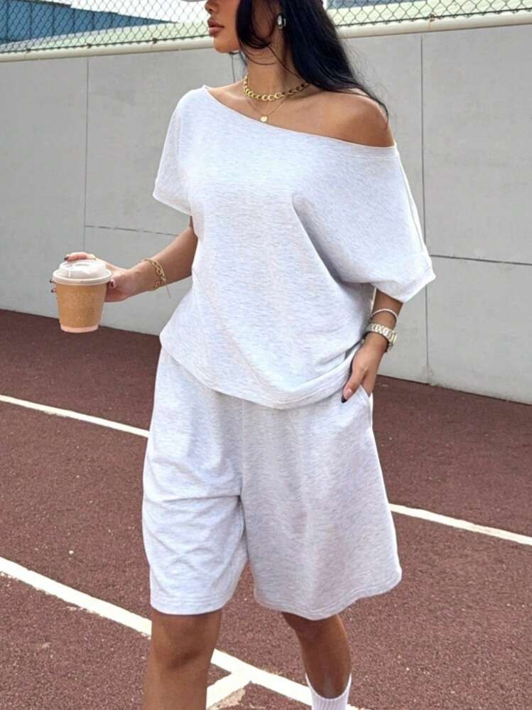 Muchica Gray Knit Sweatshirt Set With Off Shoulder Short Sleeve And Solid Color Shorts | SHEIN