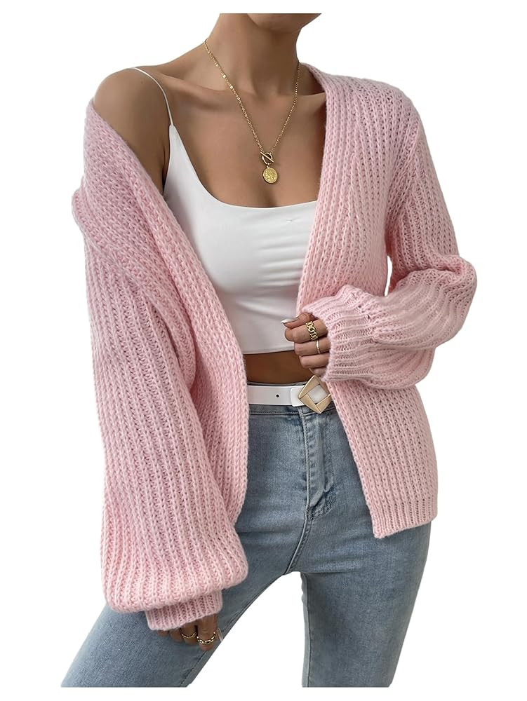 WDIRARA Women's Open Front Long Bishop Sleeve Cardigan Sweater Chunky Knit Outerwear | Amazon (US)