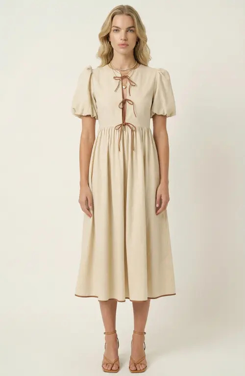 Modenaire Midi Puff Sleeve Dress with Contrast Ties and Hemline Trim in Off-White /Cream at Nordstrom, Size Small | Nordstrom