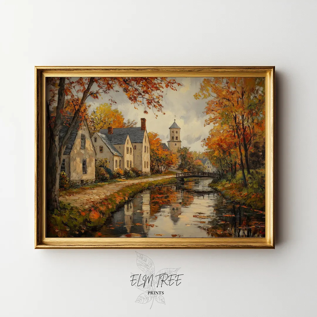 Vintage New England Town in Autumn - Printable Oil Painting, Rustic Fall Landscape, Cottagecore W... | Etsy (US)