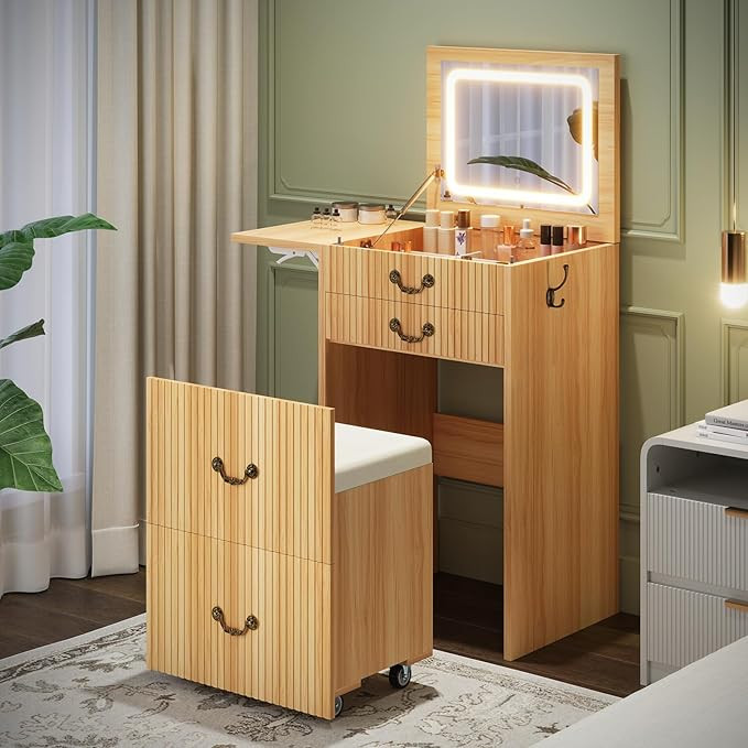 FURSUN 3-in-1 Vanity with Flip Mirror & Lights, Fluted Compact Vanity Table with 3 Drawers, Stora... | Amazon (US)