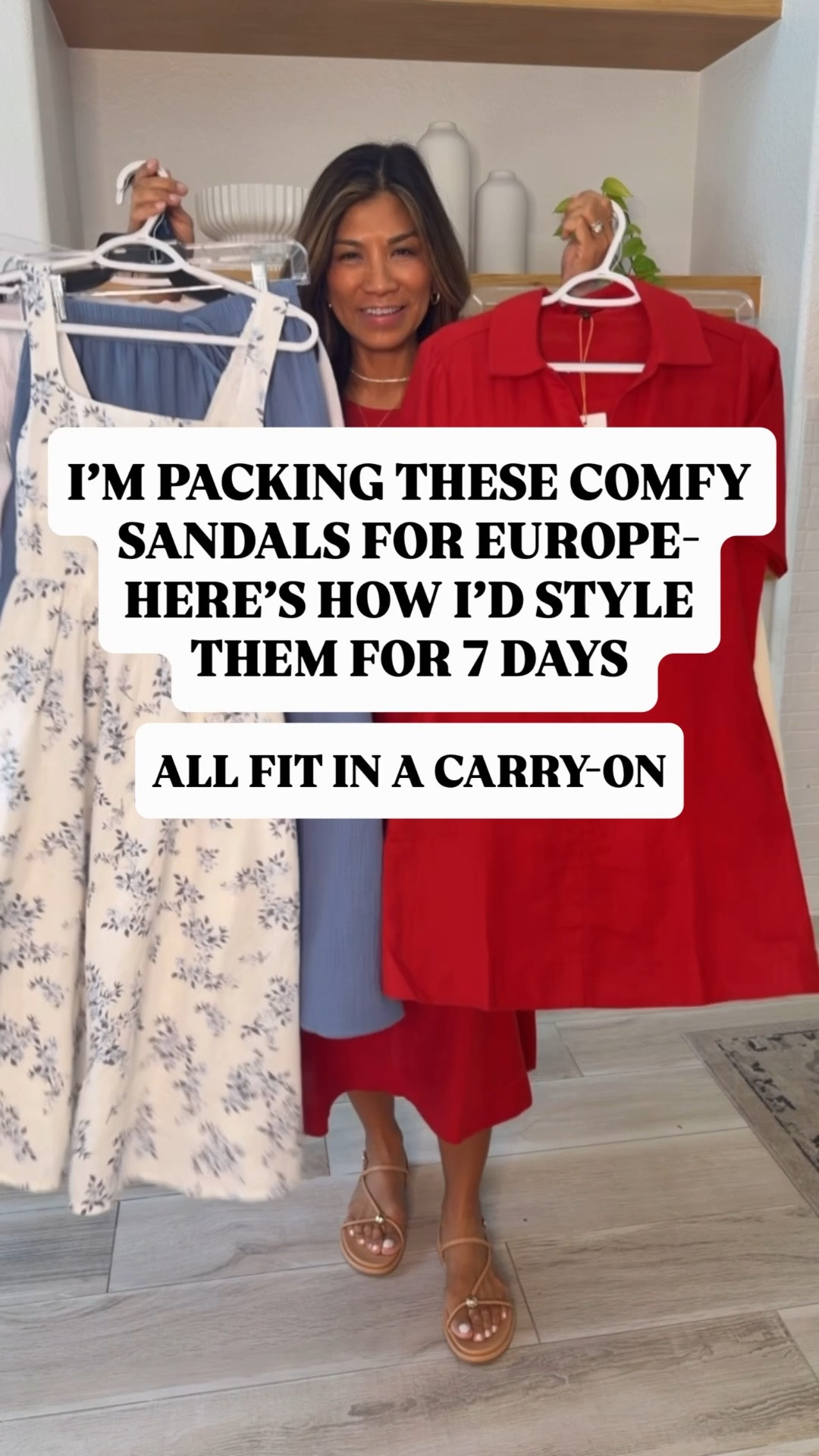 I’m 5’2” 118#ish for reference 
Sandals fit tts. I also linked another pair that are also comfortable. An dlinking comfy sneakers I’m packing.
First outfit red dress in XS tts-of bigger chested size up.
2nd outfit: floral dress in XS of bigger chested size up.
3rd & 4th outfit: top in small, pants in small, shrug one size in sheer light yellow, tank top with builtin bra in small tts.
5the outfit: Red dress with collar in XS tts.
6th and 7th outfit: 2-piece set in small, knit tank top in small tts.
White cardigan in small.
White shorts(this is not compression shorts)- in small.
Crossbody bag in taupe, size small.
I also linked carry-on luggage and backpack(personal bag) I used last year when we travelled to Europe for 2 weeks.
Europe Outfits, comfy sandals, summer vacation, summer outfits, Italy outfits, Amazon finds, over 50 style, midlife fashion, petite fashion,midlife women, affordable fashion, fashion over40

#LTKOver40 #LTKPetite #LTKTravel