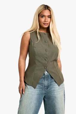 Plus Pinstripe Self Fabric Button Front Waistcoat | boohoo (US & Canada)