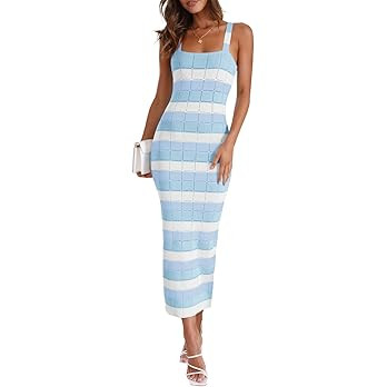 Saodimallsu Womens Striped Bodycon Midi Dress Sleeveless Square Neck Color Block Knit Summer Tank... | Amazon (US)