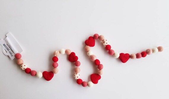 Valentines day felt balls, valentine garland, valentines mantle, heart garland, heart banner, lov... | Etsy (US)