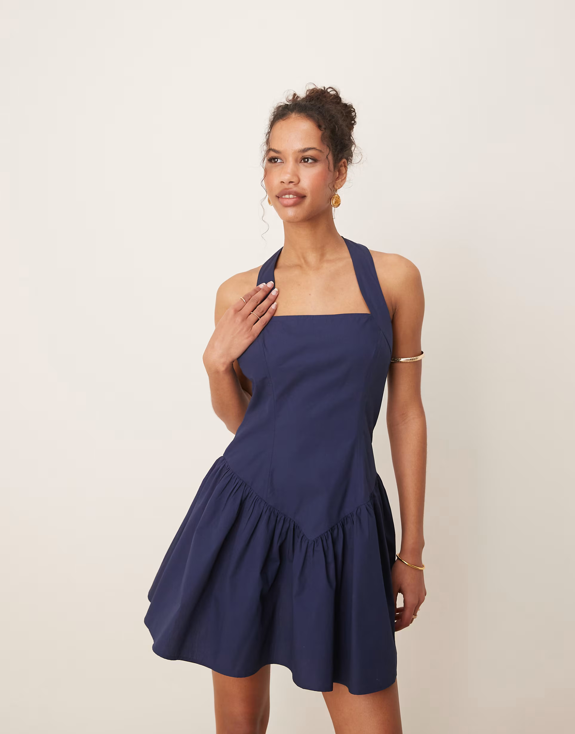ASOS DESIGN halter mini dress with ruffle hem in navy | ASOS | ASOS (Global)