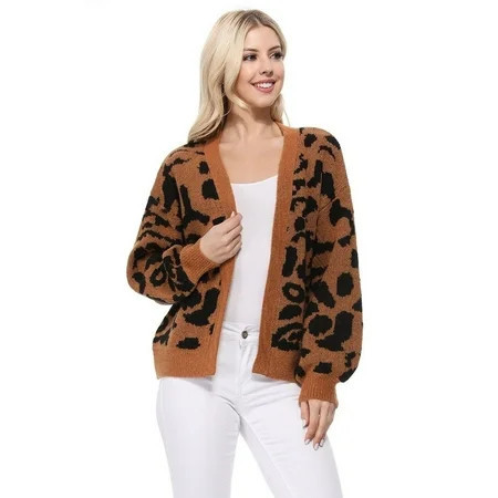 Yemak Women's Chunky Leopard Print Open Front Long Sleeve Jacket Sweater Cardigan HK8254LEO-CAMEL/BLACK-M/L | Walmart (US)