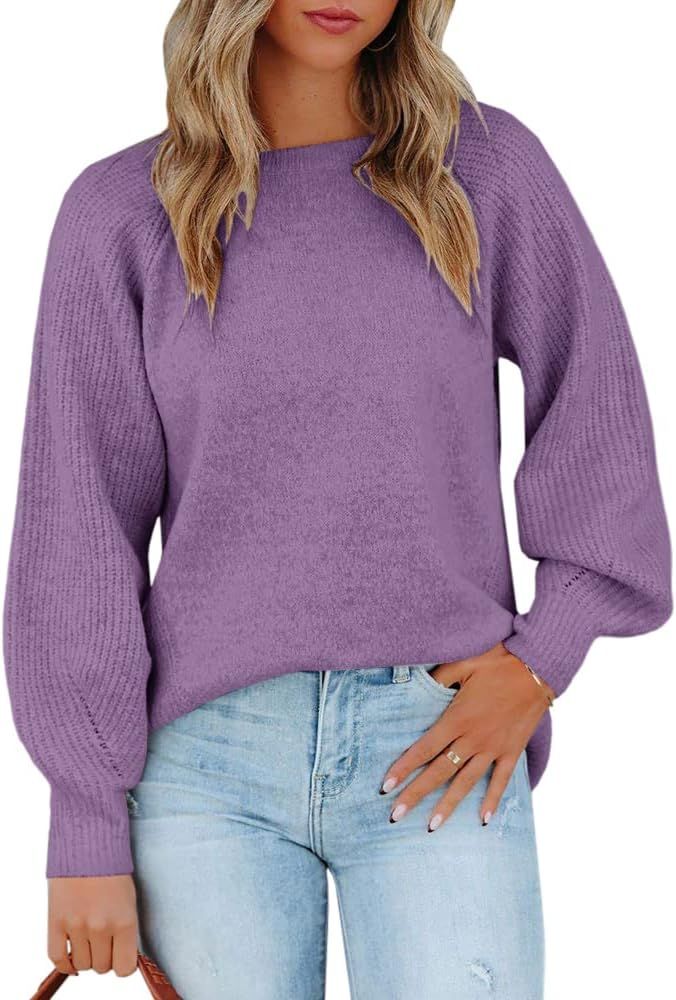 Sovelen Women's Puff Long Sleeve Sweaters Oversized Crewneck Chunky Knit Loose Pullover Sweater T... | Amazon (US)