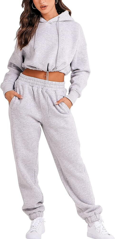 Prinbara Women's 2023 Fall Two Piece Outfit Long Sleeve Oversized Cropped Hoodie Long Pants Track... | Amazon (US)