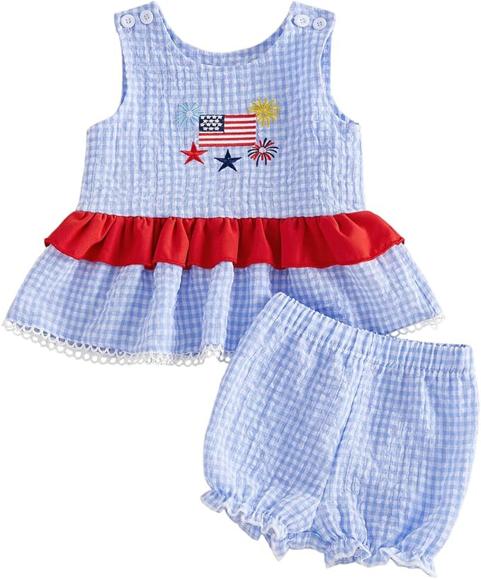 Toddler Baby Girls 4th of July Outfits Plaid American Flag Ruffle Tank Top Bloomers Shorts 2 Piec... | Amazon (US)