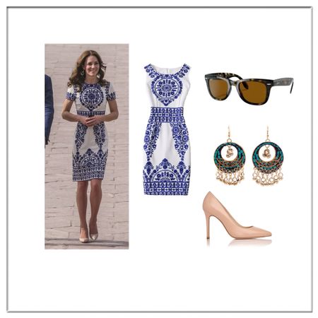 Kate Middleton Taj Mahal outfit in Naeem khan sheath, LK Bennett fern pumps, local artisan earrings (image for reference), wayfarer folding sunglasses 

#summer #lulus #amazon 