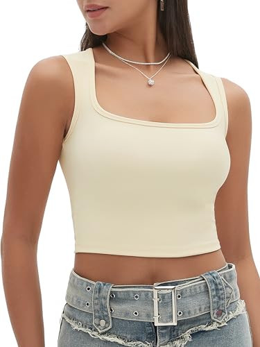 Tapata Women's Square Neck Tank Tops Cropped Ribbed Knit Cami Sleeveless Slim Fit Causal Camisoles, Beige, XS | Amazon (US)