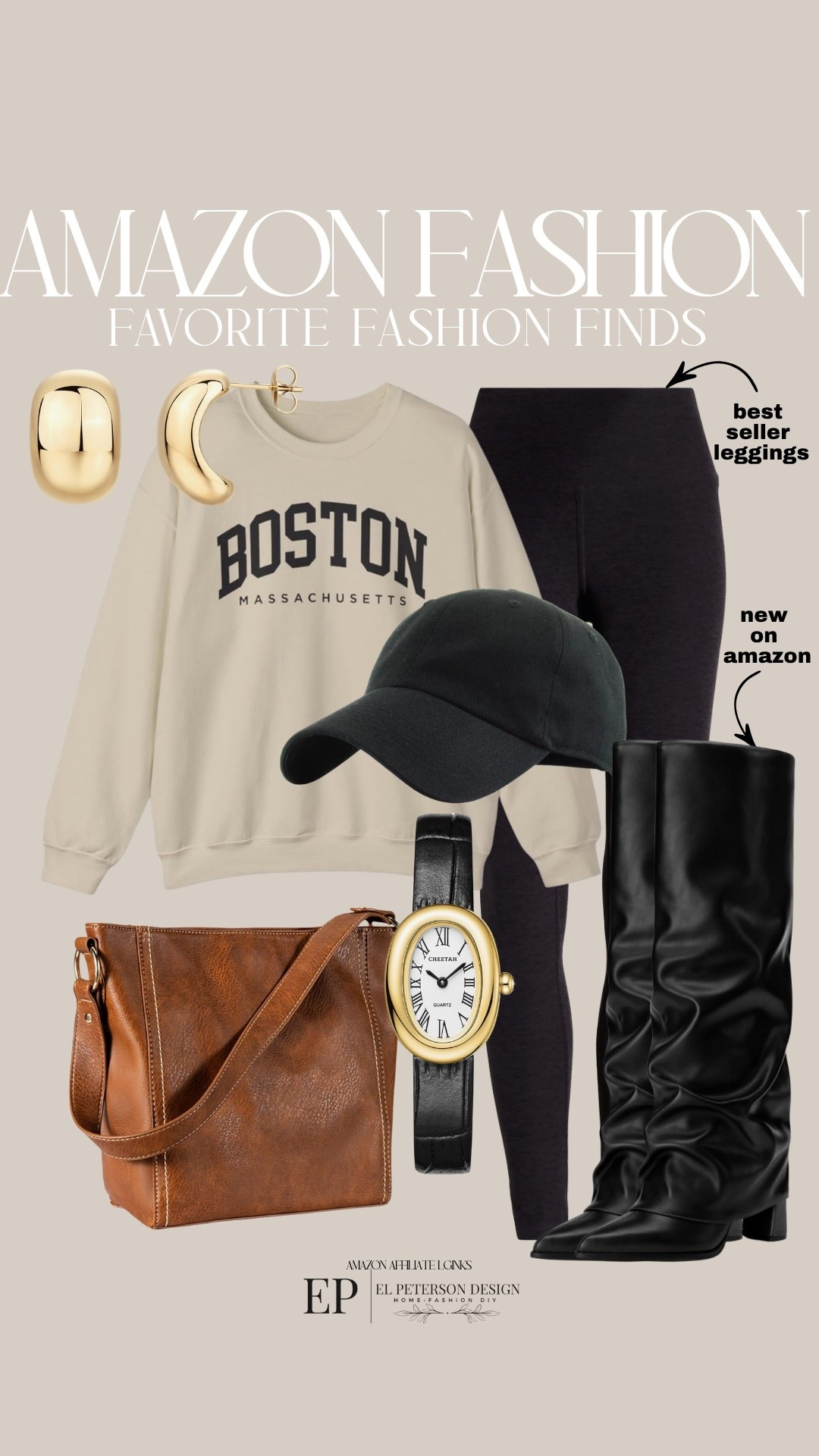 Amazon
Sweater
Cap
Knee high boots
Watch
Purse
Earrings
Leggings