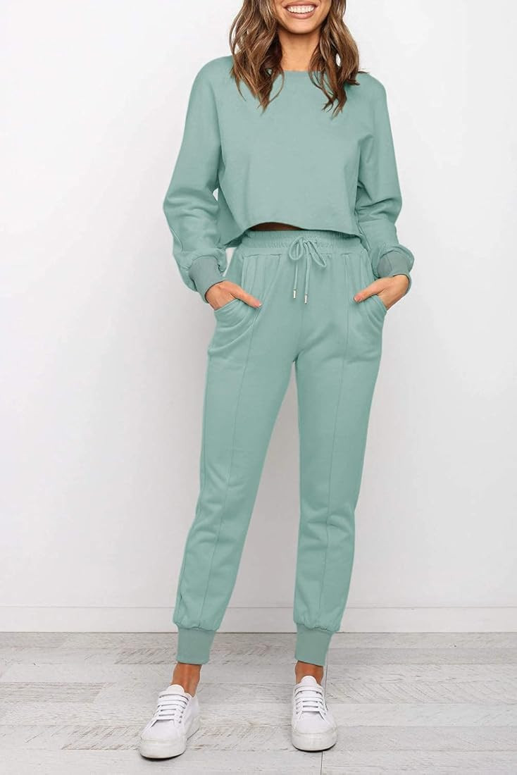 ZESICA Women's Long Sleeve Crop Top and Pants Pajama Sets 2 Piece Jogger Long Sleepwear Loungewear P | Amazon (US)