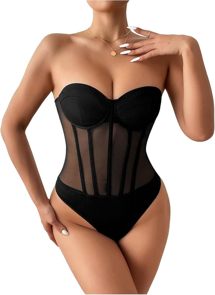 SweatyRocks Women's Sheer Mesh Strapless Tube Bodysuit Sleeveless Fitted Corset Leotard Top Clubw... | Amazon (US)