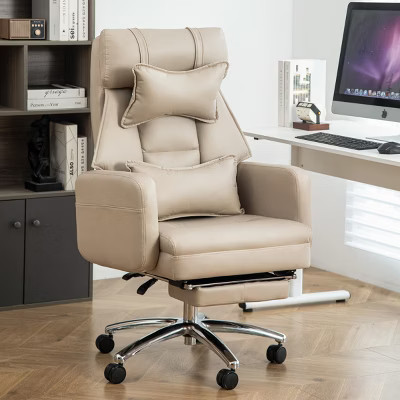 High Back Ergonomic Office Chair with Reclining Backrest and Footrest, Faux Leather Desk Chair with Lumbar Support,Beige-3irtyhousy | Target
