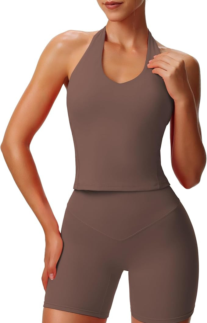 Aoxjox Women's Sleeveless Hailey Halter Tank Tops Workout Athletics Gym Yoga Curve Longline Crop ... | Amazon (US)