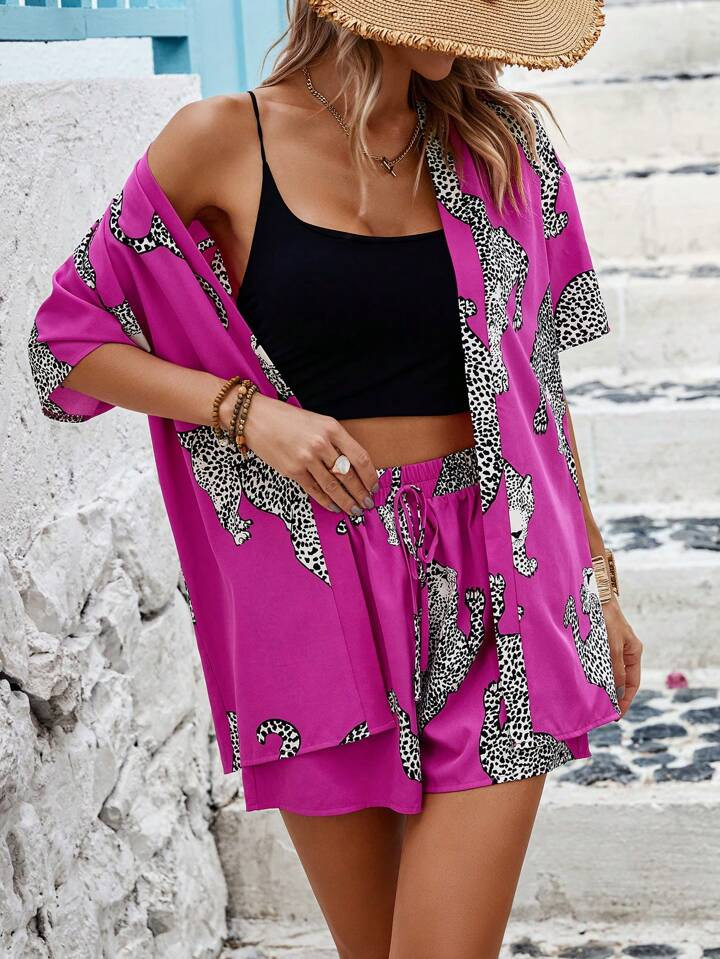 SHEIN VCAY Random print Oversized Shirt En Short set Met Schuin Zakken | SHEIN