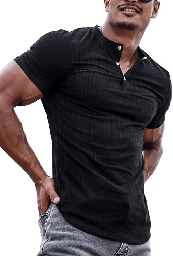 Muscle Cmdr Men's Ribbed Henley Shirt Slim Fit Cotton Long Sleeve Casual T-Shirt | Amazon (US)