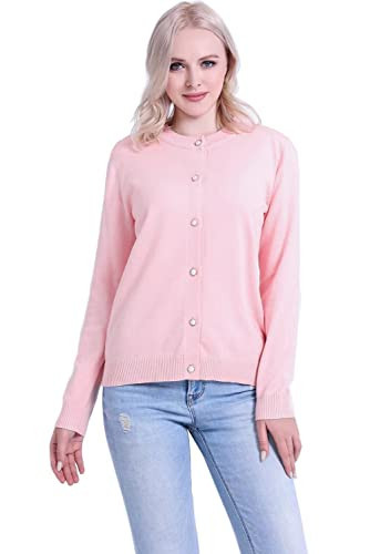 SMILING PINKER Women Cardigan Sweater Crewneck Pearl Button Knitted Tops Medium Weight (Blush Pink, Small) | Amazon (US)
