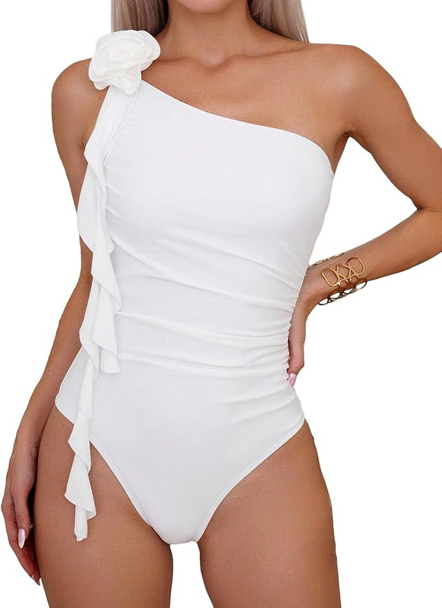 OYOANGLE Women's One Piece Swimsuit 3D Floral Appliques One Shoulder Ruffle Trim Ruched Bathing S... | Amazon (US)