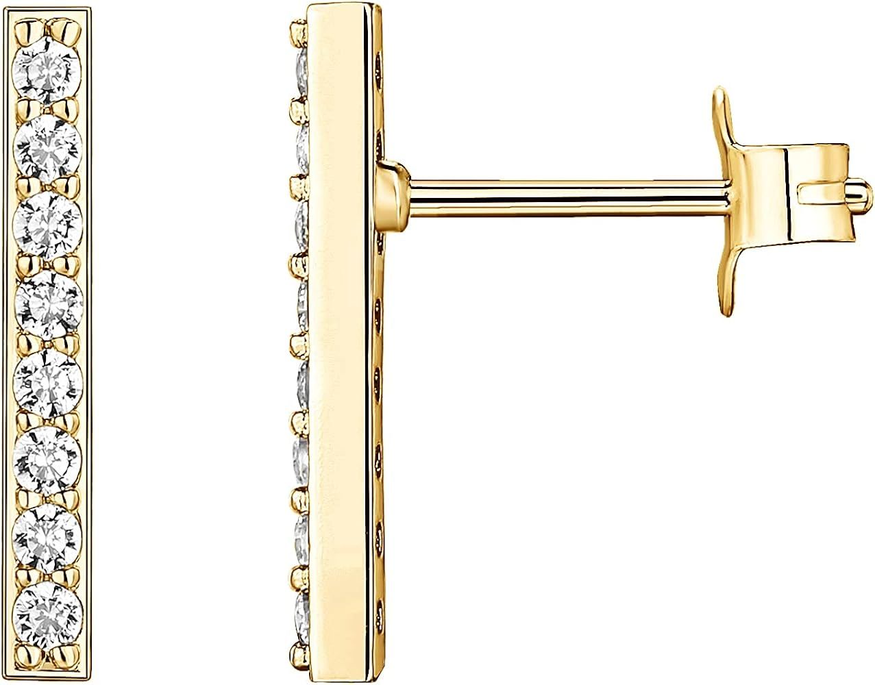 PAVOI 14K Gold Plated Sterling Silver Post Dainty Mini Bar Stud Earrings | Gold Earrings for Women | Amazon (US)
