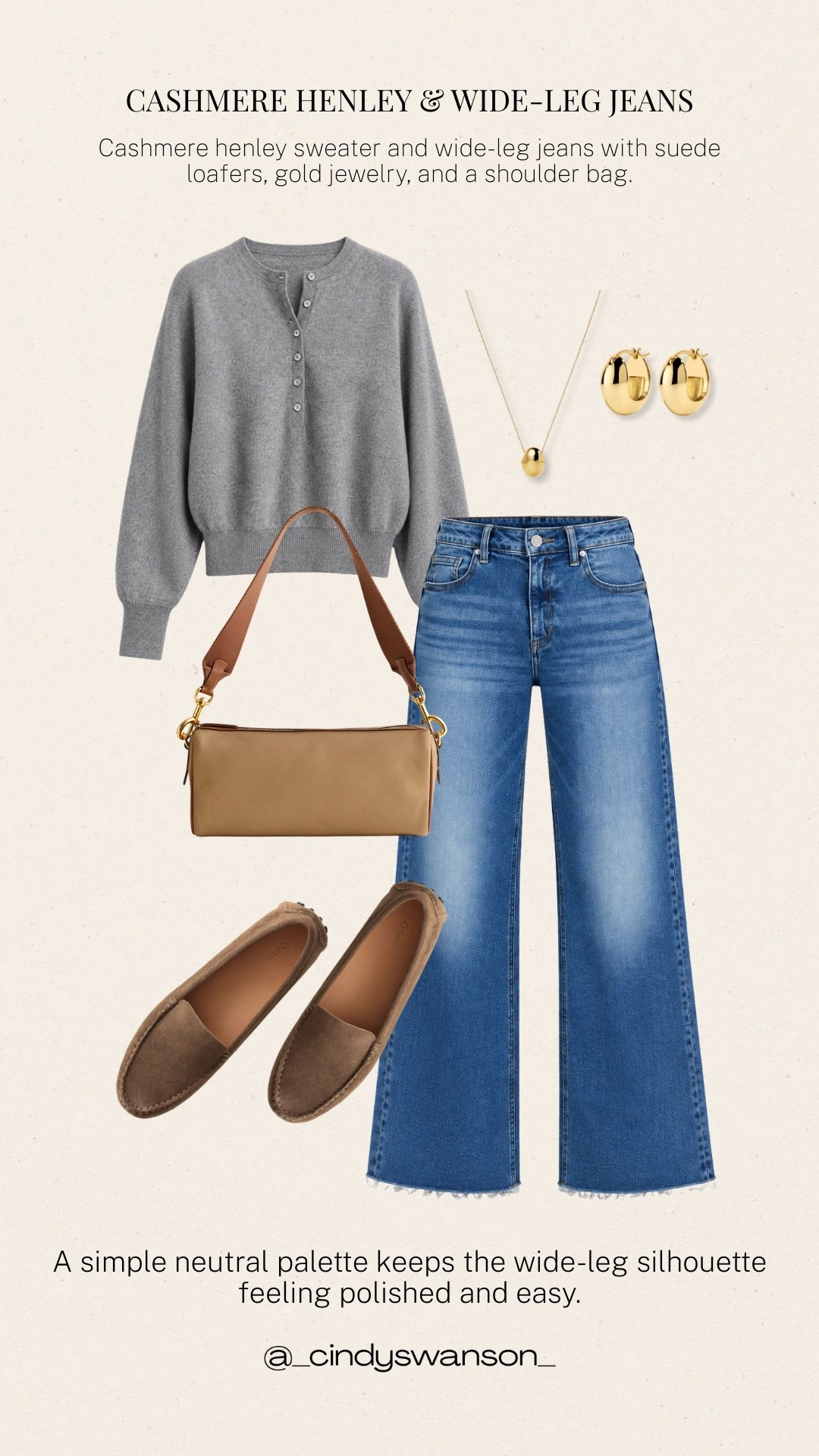 A cashmere henley and wide-leg jeans are such an easy combination for a polished everyday look. I love how the soft gray sweater keeps the blue denim feeling relaxed and classic, while suede loafers and a simple shoulder bag finish it beautifully.

#LTKootd #LTKOver40 #LTKSeasonal