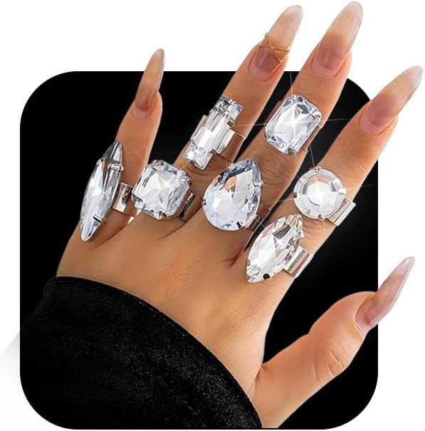 Statement Big Bling Rhinestone Costume Rings Stack Chunky Unique Silver Crystal CZ Large Knuckle Cocktail Ring Pack Cool Prom Jewelry Set for Women Trendy | Amazon (US)