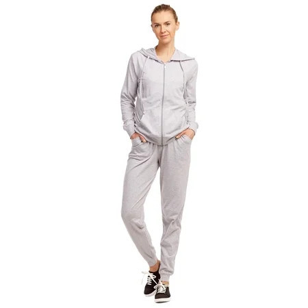 Women's 2 Piece Jersey Cotton Zipper Hoodie Jacket with Jogger Pants, Heather Grey, Large, 1 Set | Walmart (US)