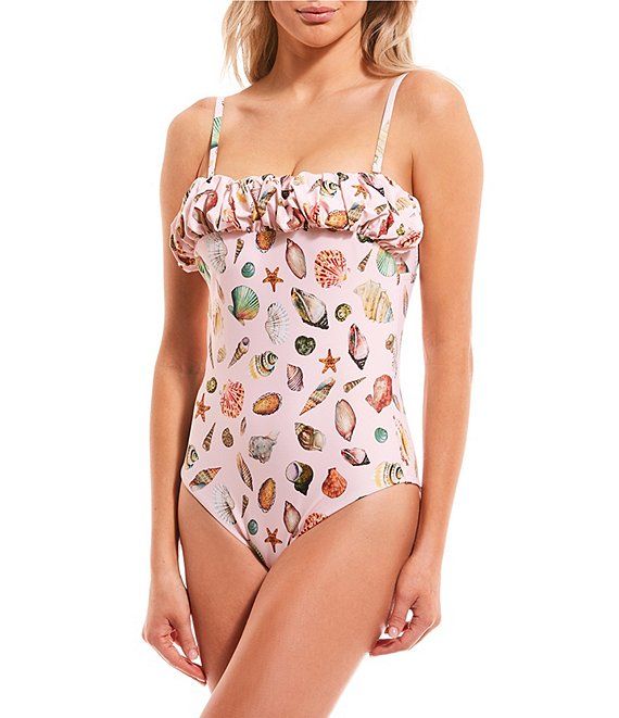 x Jennifer Sumko Shells Print Puffed Square Neckline One Piece Swimsuit | Dillard's