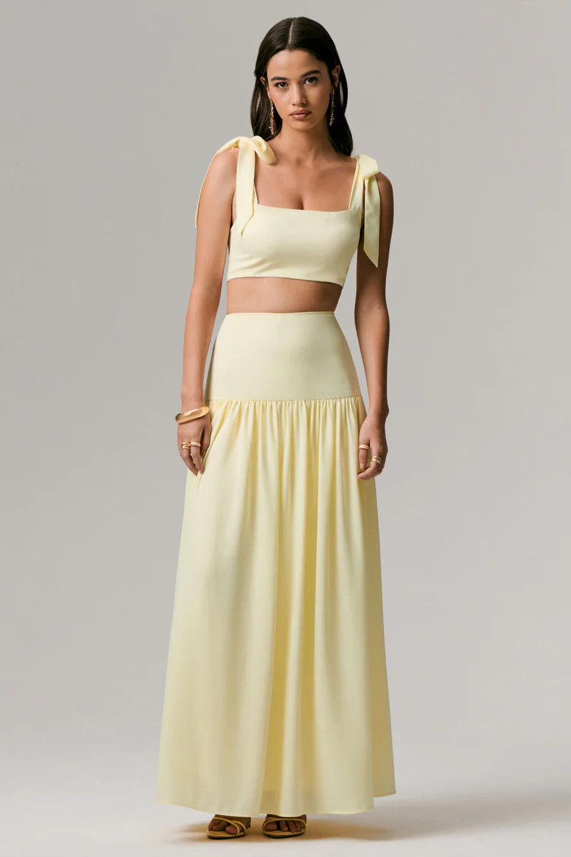 Reminiscent  Lemon Ruched Maxi Skirt | Club L London