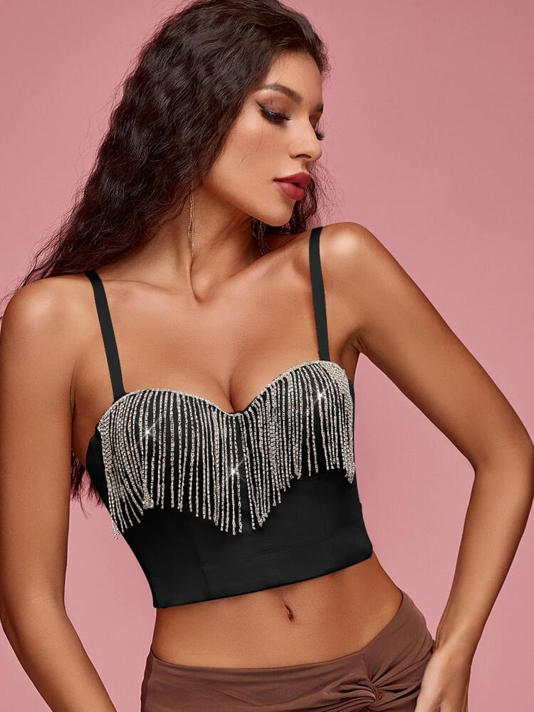 Apperloth A Rhinestone Fringe Trim Corset Cami Top | SHEIN