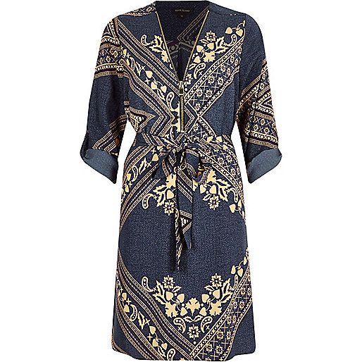 Blue crepe print zip-up front shirt dress | River Island (UK & IE)