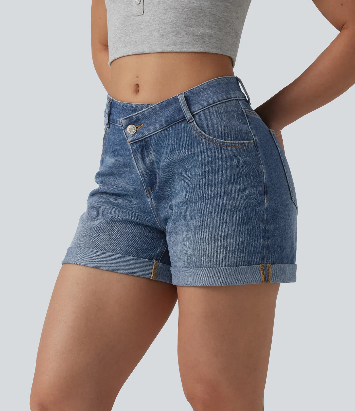 Women’s Halara Flex™ Asymmetric High Waisted Rolled Hem Washed Denim Casual Shorts with Pocke... | HALARA
