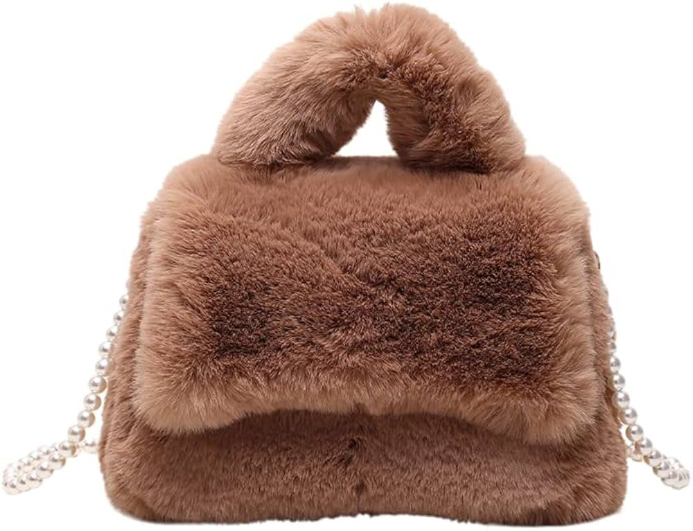 JQAliMOVV Fluffy Tote Bag, Fuzzy Fur Tote Bag Aesthetic Y2k Plush Handbag Purse Pearl chain Shoul... | Amazon (US)